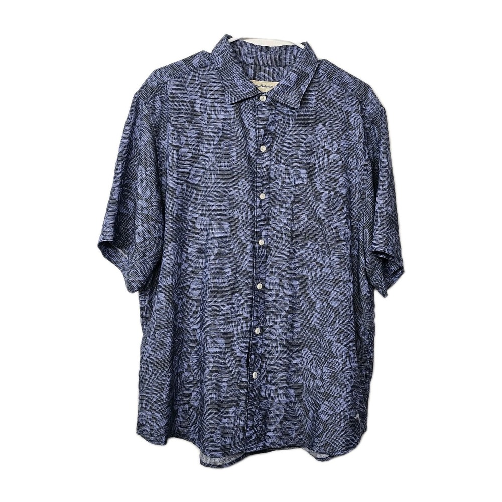 Tommy Bahama Mens Large Hawaiian Aloha Shirt Blue Floral Print Button Down EUC